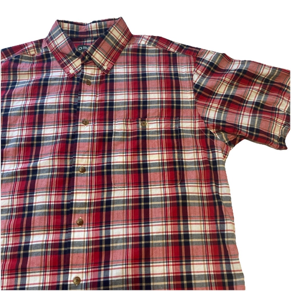 Orvis Mens Large Madras Plaid Short Sleeve Button Down‎ Shirt Red Blue Cotton